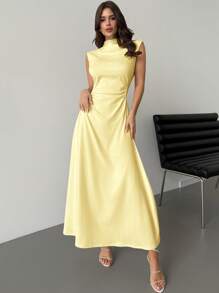 Firerie Women's Simple Elegant Romantic White Stand Collar Sleeveless Ruffled A-Line Maxi Dress, Suitable For Date, Daily Wear, Commute - Yellow - View 7