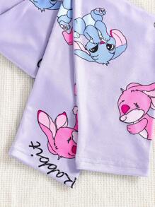 2pcs Cute Bunny Print Stretchy Pajama Set With Short Sleeve Top And Long Pants For Tween Girls Summer - Purple - View 5