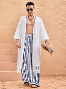 HIMLAND 男士梭织休闲时尚宽松松紧腰直筒裤，秋季 - 藍白色 - 查看 3