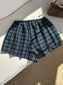 SHEIN Plus Size Blue Plaid Printed Bow Decor Sleepwear Shorts