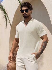 DAZY Men's Solid White Textured Knit Short Sleeve Shirt, Summer - White - View 5