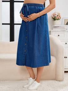 SHEIN 孕妇可调节腰部口袋长款牛仔裙
