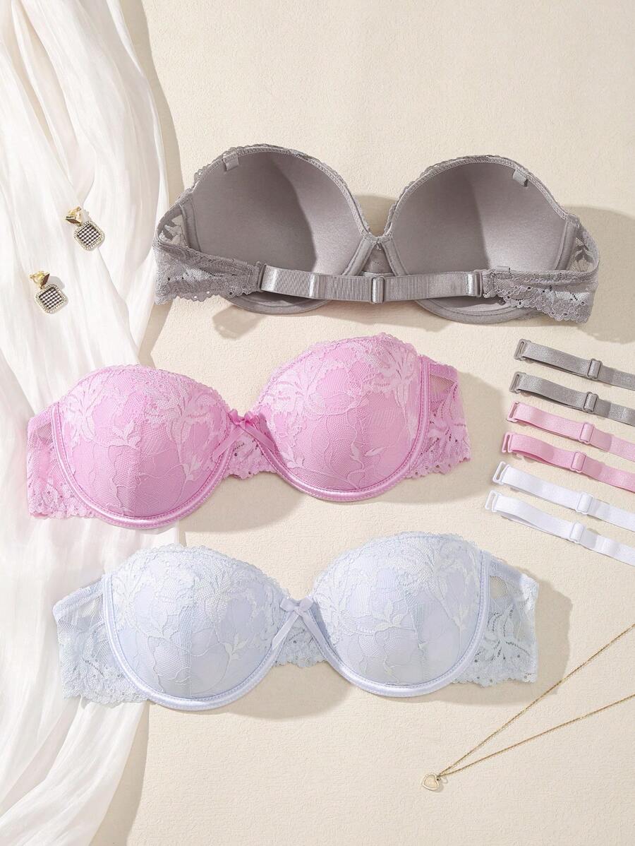 SHEIN 3pcs Women's Everyday Soft & Comfortable Wireless Lace Padded Bra, Versatile All-Match Backless Bralette