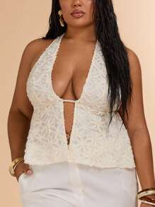 SHEIN BAE Plus Size Women Summer Textured Floral Vacation Beach Top,Cute Tops,Cute Summer Tops,Boho Tops,Vcay Tops, Holiday Outfits,Summer Outfits - Beige - View 3