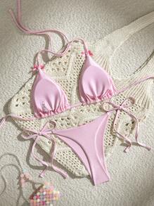 Swim Mod Set de 2 piezas de bikini de verano con parte superior y Bottom, con tirantes de espagueti, espalda descubierta y lazo, de tela brillante, en color rosa, conjunto de traje de baño elegante y lindo - Rosa - Ver 3