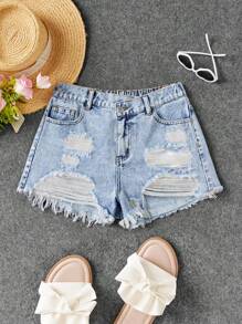 SHEIN Teenager Mädchen Y2K modische einfarbige weiße Jeans Shorts, mit Knöpfen, Taschen, asymmetrischem Saum und Knöpfen, lässig für Sommer, Urlaub