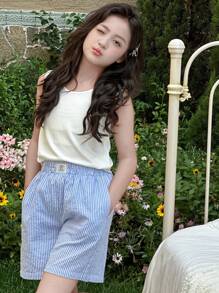 DAZY Sommer Strickweste und karierte Webshorts Set für Tween-Mädchen, Tween-Mädchen Loungewear