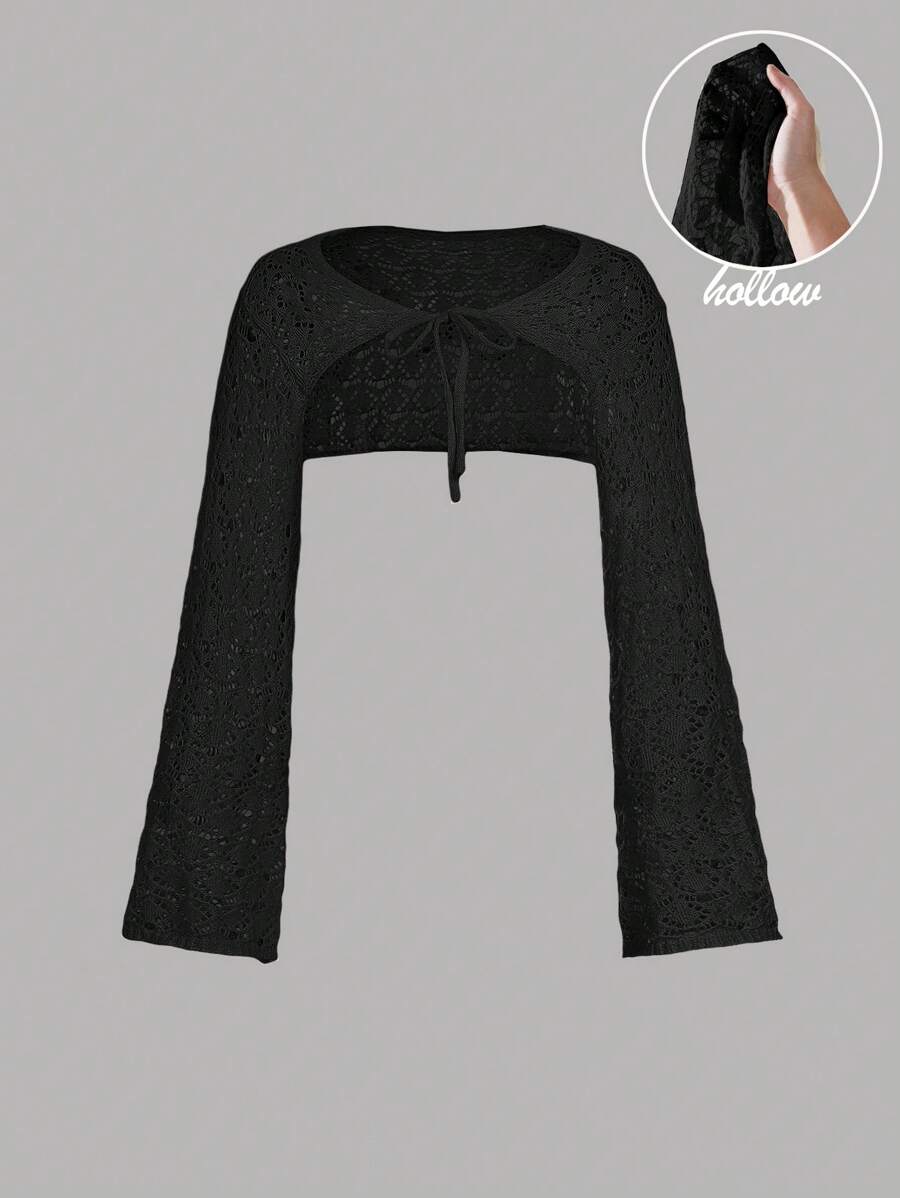 SHEIN MOD 杏色系带针织镂空喇叭袖开衫，度假开衫，波西米亚开衫，沙滩开衫，女士乡村风，春季开衫外套