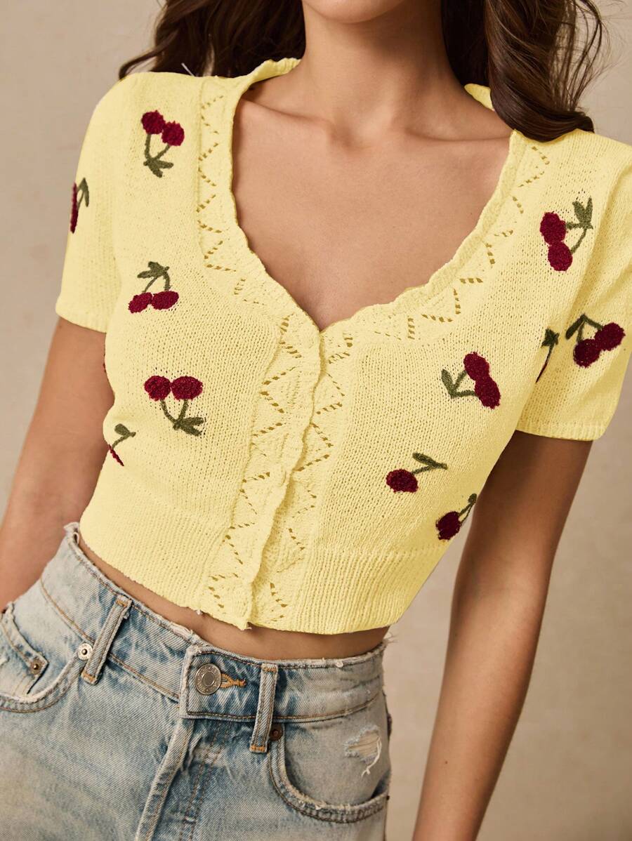 Poéselle Damen Lässig Kirschblüten Muster Cardigan mit Muschelabteilung, kurzärmlig, Sommer