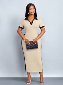 SOLERSUN “女式大码夏季休闲优雅简约基本款新款翻领V领短袖修身长裙黑杏色针织面料中长连衣裙” - 杏色 - 查看 4