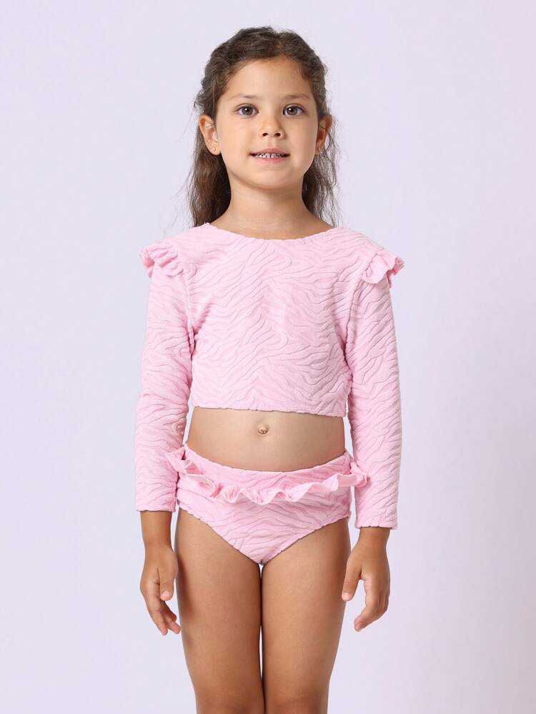Textured Long Sleeve Ruffle Trim One-Piece
