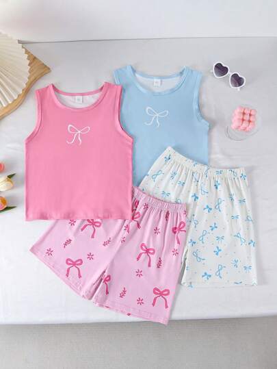 4 件套女童可爱蝴蝶结图案无袖上衣和短裤睡衣套装，休闲时尚粉色和蓝色组合