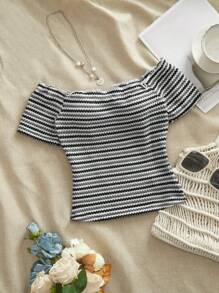 SHEIN VCAY Camiseta con hombros descubiertos acanalada para mujeres