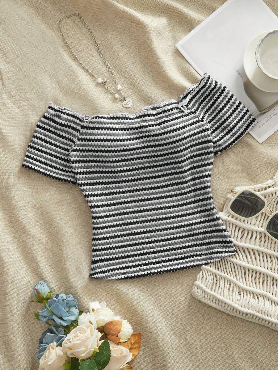 SHEIN VCAY Camiseta con hombros descubiertos acanalada para mujeres