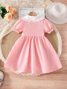 SHEIN Young Girls Cute Rabbit Collar Button Front Short Sleeve Dress