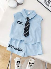 SHEIN 3pcs Toddler Boys' Summer Outfit Set With Sleeveless Letter Print Top, Elastic Waist Shorts, And Necktie