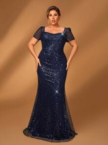 Serin Váy dài đuôi cá bằng vải satin dài tay đính hạt sequin xếp nếp sang trọng thanh lịch có thể tháo rời, thích hợp cho đám cưới, tiệc đơn, kỳ nghỉ, vũ hội, lễ hội âm nhạc, váy cô dâu và mẹ cô dâu cỡ lớn - Màu xanh hải quân - Xem 4