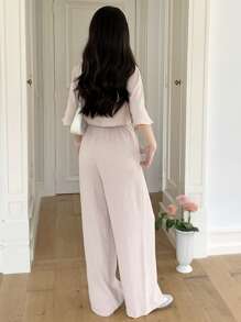 SHEIN 青少年女孩休闲通勤优雅度假纯色圆领短袖宽松裤套装