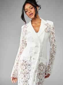 MISSGUIDED Robe de soirée de luxe à longueur de plancher, style blazer, avec manches longues, boutonnage devant, fente latérale, en dentelle maxi pour réception de mariage