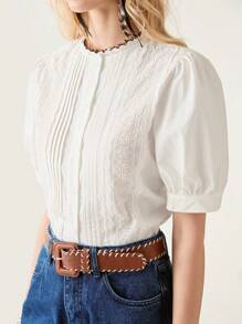 Florisole Camisa de manga corta blanca con volante en el dobladillo, blusa suelta y versátil de estilo casual