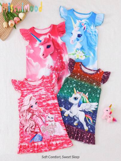 4pcs Young GirlUnicorn Colorful Print Sweet Sleeveless Long Nightgown Set Young Girls Clothing 8 Years Young Girls Clothing Outfit Young Girls Clothing Multipack Young Girls Clothing Young Girls Sets