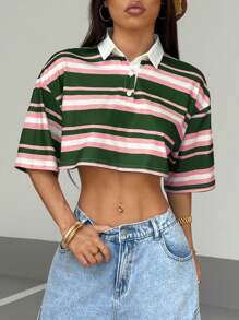 StreetHx Women's Form-Fitting Striped Contrast Color Polo Collar T-Shirt, Spring/Autumn - Dark Green - View 4