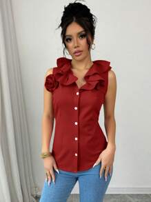 SHEIN Clasi Blusa sin mangas de unicolor con botones frontales y cuello de encaje, para el verano