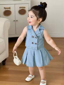 Elladie kids 2 件套女婴休闲套装：水洗浅色宽松双排扣翻领上衣和褶皱纽扣设计牛仔迷你裙，日常简约时尚百搭装 - 淺色水洗藍 - 查看 3