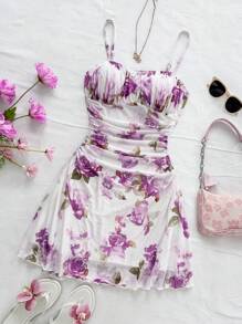 Soleia 网眼玫瑰花卉印花褶饰露背迷你吊带连衣裙，假期约会情人节下午茶上衣，春夏