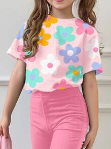 SHEIN 2 件套青少年女孩休闲多巴胺花朵印花宽松短袖 T 恤和喇叭裤套装，适合夏季 - 彩色 - 查看 3