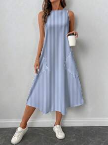 SHEIN LUNE Vestido de media longitud estampado con rayas azules y blancas, casual, adecuado para primavera y verano - Multicolor - Ver 7
