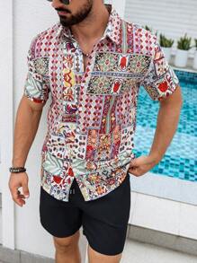 Manfinity RSRT Men Casual Outfit (Asymmetrical Pattern) - Short Sleeve Shirt & Shorts, Fashion Summer Wear Vintage Tees Men Men Clothing Men Shirts - Multicolor - View 1