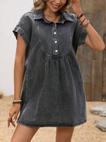 Breezaya Denim Collar Dress For Women, Fashionable Distressed Design, Slimming