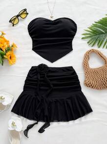 Soleia Women Two Pieces Outfits For Daily Wear Skirt And Top Set Tube Top Sets Beach Skirt Set - Black - View 4