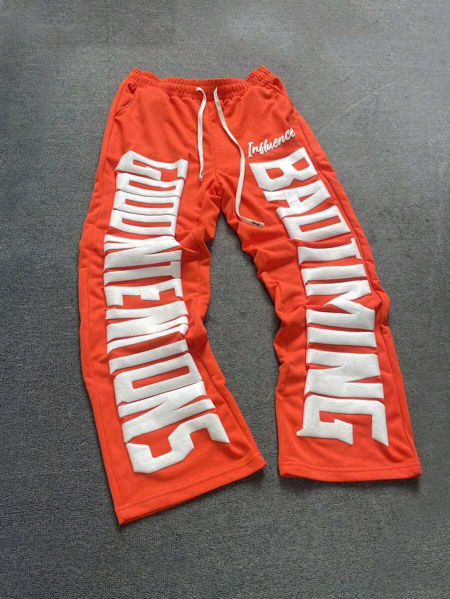 PAVTROS 男士时尚街头字母立体印花抽绳宽松卫衣裤，风格灵感源自ins。男士时尚长裤，适合春夏外出、度假、休闲、家庭聚会、音乐节、学校等场合。可作为礼物送给家人、老公、男朋友，男士橙色慢跑裤、橙色运动裤、男士街头潮流裤，适合狂欢 - 橘色 - 查看 1