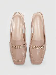 CUCCOO BIZCHIC 卡其色链条带低跟方头露跟平底鞋，时尚通勤、约会、派对、节日穿着