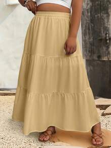 Breezaya 大码休闲纯色半身裙长裙 - 卡其色 - 查看 7