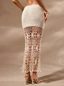 Hauture Falda maxi de punto y ganchillo con borde de cola de sirena - Beis - Ver 3