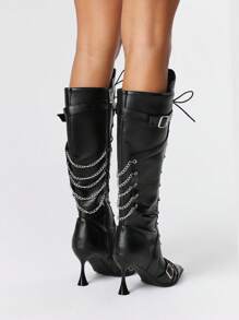 ROMWE Grunge Punk Women's Gothic Strap Lace-Up Chain Design Pointed Toe High Heel Mid-Calf Boots - Black - View 4