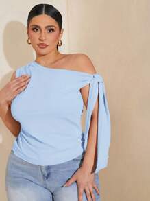 SHEIN BAE Áo kiểu lệch vai cỡ lớn dành cho nữ, thích hợp cho đi làm, hẹn hò, tiệc trà chiều, ngày Valentine, mùa hè, sinh nhật, các dịp trang trọng, tiệc tùng. - Màu xanh nhạt - Xem 5