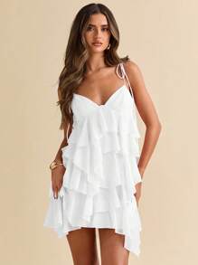 SHEIN BAE Summer Seaside Vacation Solid Light Pink Holiday Dress Lotus Leaf Chiffon Cake Dress Suspender Dress Music Festival Clothing Country Music Festival Clothing Concert Clothing Back To School Clothing Wedding Bridesmaid Clothing,Valentine's Day,Valentine Outfits For Women - White - View 6