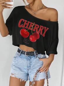 SHEIN EZwear 女士休闲单肩樱桃图案黑色短款超大短袖 T 恤，非常适合夏季穿着 - 黑色 - 查看 3