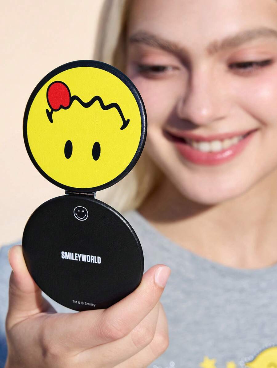 SmileyWorld® | SHEIN Cute Smiling Face Pattern Printed PU Leather Material Folding HD Portable Mirror, One Side Of Which Is 2 Times Magnified, Easy To Check Makeup Details, Suitable For Travel And Commuting, Suitable For Both Men And Women