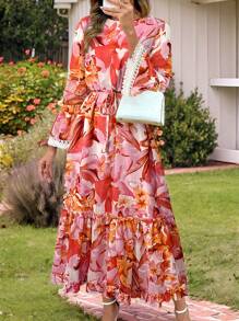 EMERY ROSE Women Floral Print Ruffle Hem Long Sleeve Dress - Multicolor - View 6