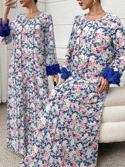 Yasmyna 女士花卉印花优雅圆领长袖阿拉伯连衣裙，端庄