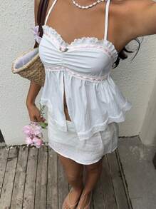 Sunnyshic Canotta elegante e chic da donna, con pizzo e allacciatura, top tipo babydoll sexy