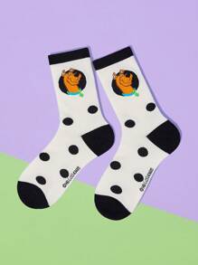 SCOOBY-DOO X SHEIN 1 Pair Women's Polka Dot & Cartoon Puppy Pattern Fashionable Cute Crew Socks