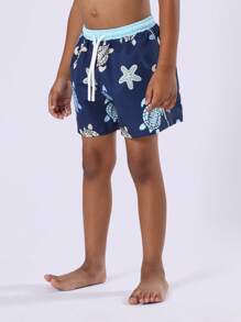 SUMWON Bóxer de natación para niños con estampado de tortuga marina y océano para vacaciones de playa y verano, traje de baño infantil con cordón y cintura elástica