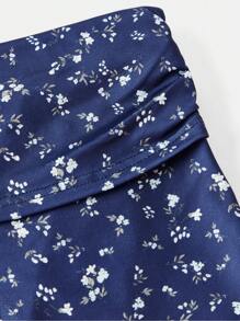 SHEIN Teen Girls Elegant Ditsy Floral Lace Trim Ruched Camisole And Ruched Shorts Soft Comfortable 2Pcs Pajama Set - Navy Blue - View 3