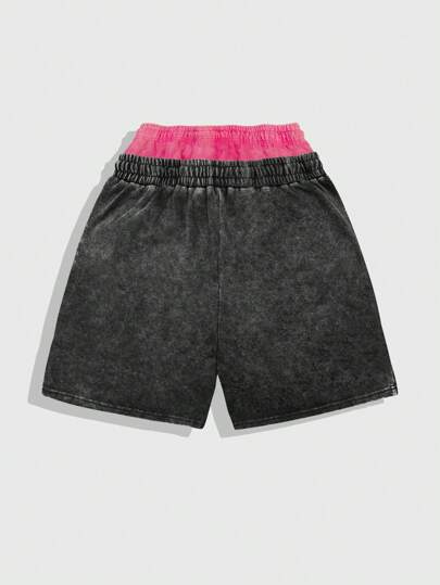 Prep Pantalones cortos casuales lavados para hombre con cintura de contraste y gráfico de letras, para verano